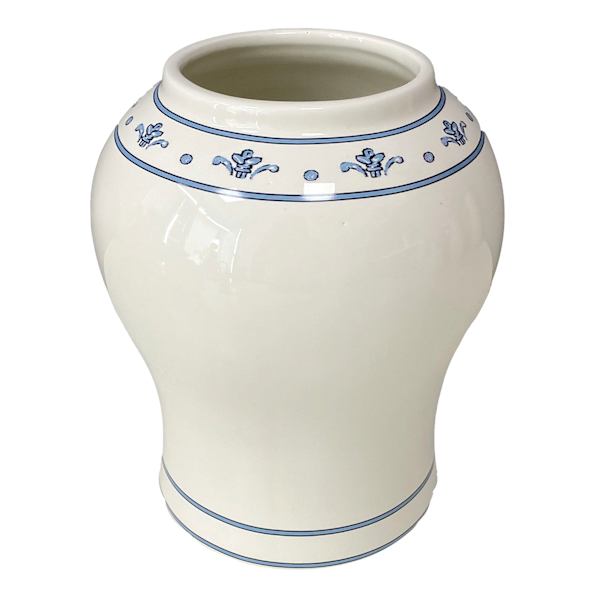Willow Crossley White Ceramic Vase with Blue Printed Boarder, 8"