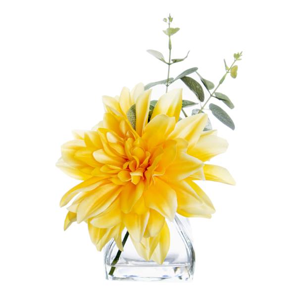 Yellow Dahlia & Eucalyptus in Glass Vase, 10"