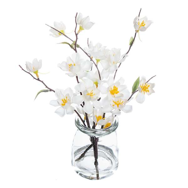 White Blossom Arrangement in Glass Vase, 10"