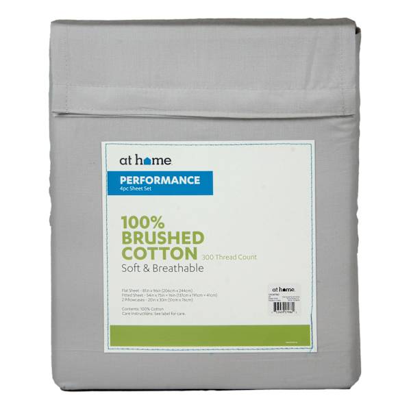 4-Piece Grey 300 Thread Count 100% Brushed Cotton Percale Sheet Set, Full