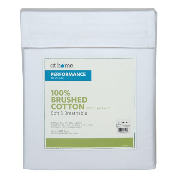 4-Piece White 300 Thread Count 100% Brushed Cotton Percale Sheet Set, Full
