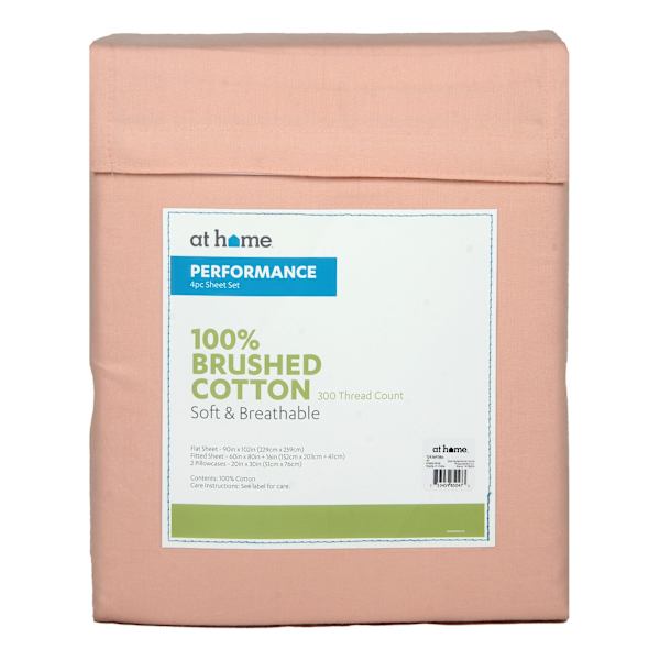 4-Piece Pink 300 Thread Count 100% Brushed Cotton Percale Sheet Set, Queen