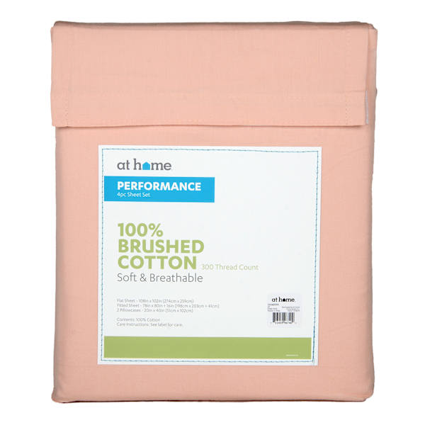 4-Piece Pink 300 Thread Count 100% Brushed Cotton Percale Sheet Set, King