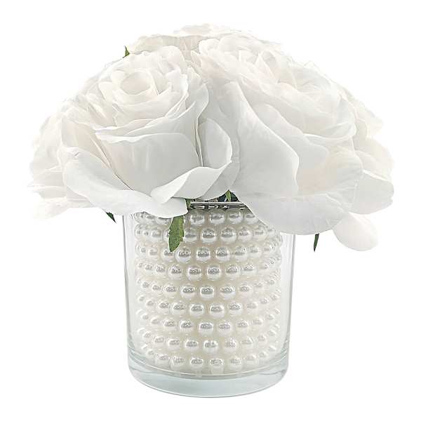 Cream Rose Floral Bouquet with Pearls in Glass Vase, 8"