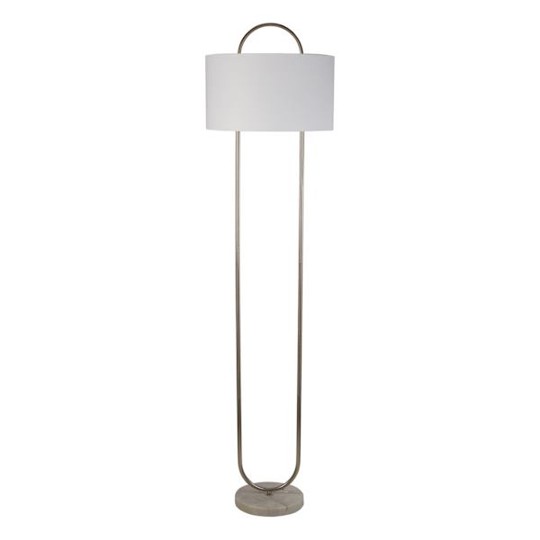 Laila Ali Silver Oval Metal & Marble Base Floor Lamp with White Fabric Drum Shade, 60"