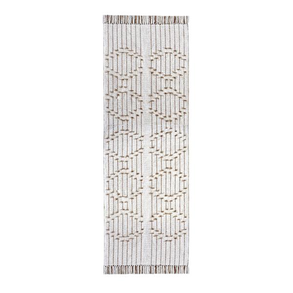 (D552) Honeybloom Flatweave Ivory & Beige Fringe Runner, 2x7