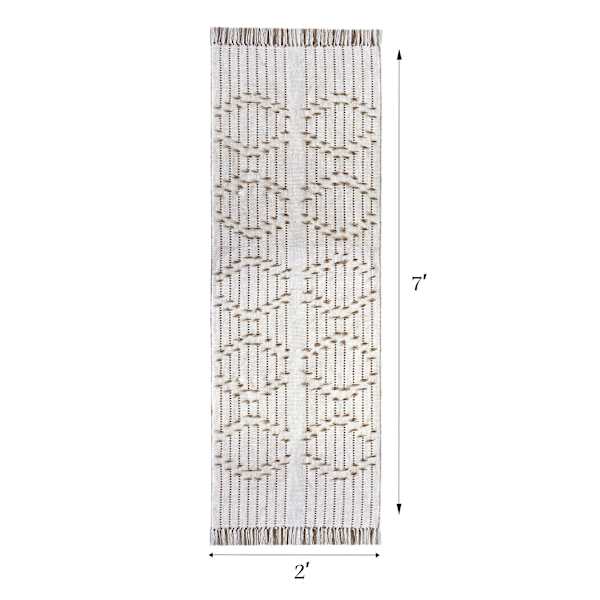 (D552) Honeybloom Flatweave Ivory & Beige Fringe Runner, 2x7