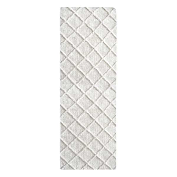 (B813) Ivory Diamond Tufted Shag Runner, 2x7