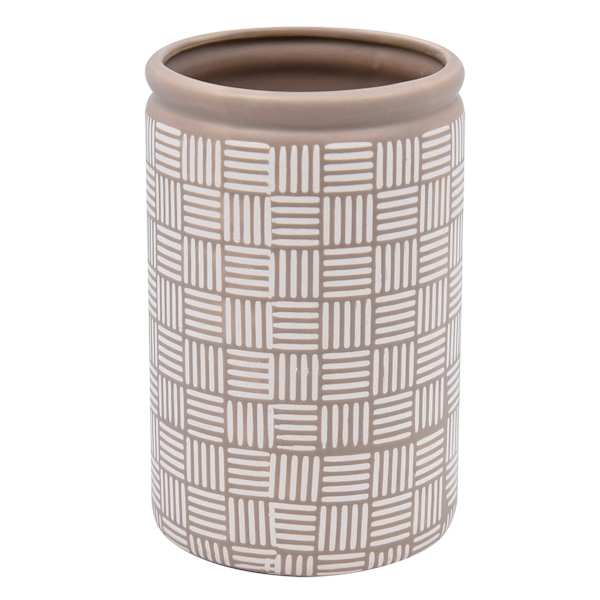 Tan & Ivory Print Ceramic Cylinder Vase, 7"