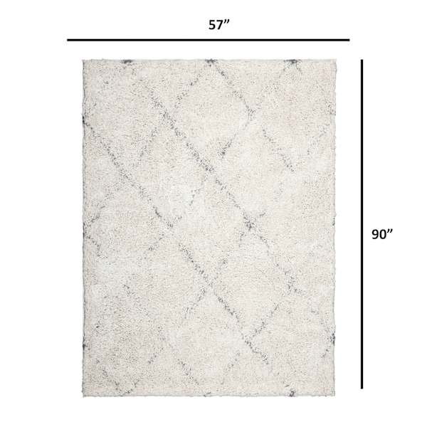(C103) Ivory & Grey Long Pile Diamond Design Shag Area Rug, 5x7