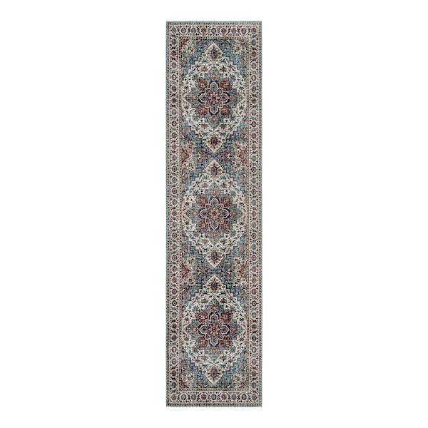 (D448) Found & Fable Chenille Printed Vintage Look Blue Medallion Runner, 2x7