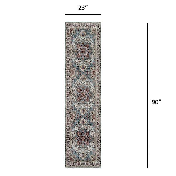 (D448) Found & Fable Chenille Printed Vintage Look Blue Medallion Runner, 2x7