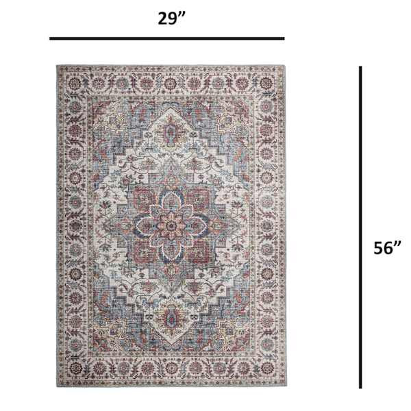 (D448) Found & Fable Chenille Printed Vintage Look Blue Medallion Accent Rug, 2x5