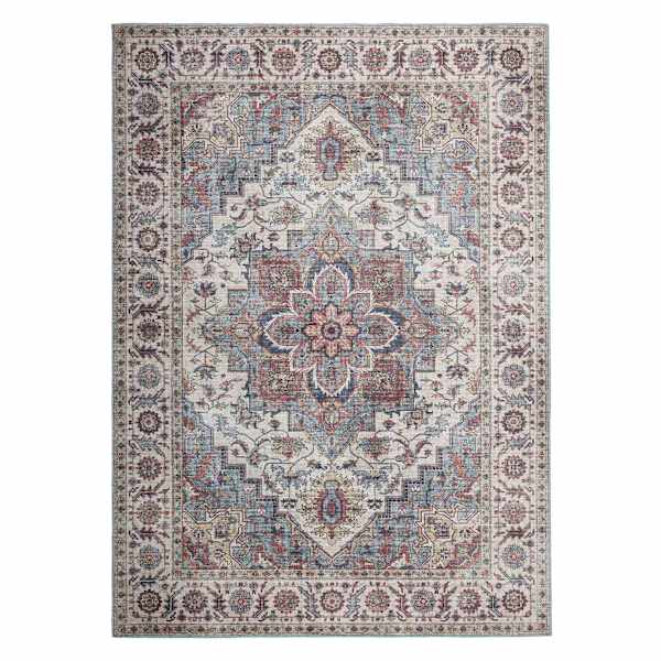 (D448) Found & Fable Chenille Printed Vintage Look Blue Medallion Area Rug, 5x7