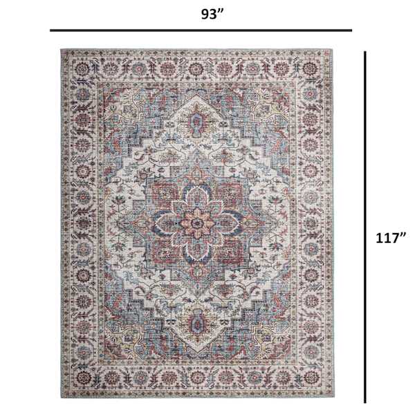 (D448) Found & Fable Chenille Printed Vintage Look Blue Medallion Area Rug, 8x10