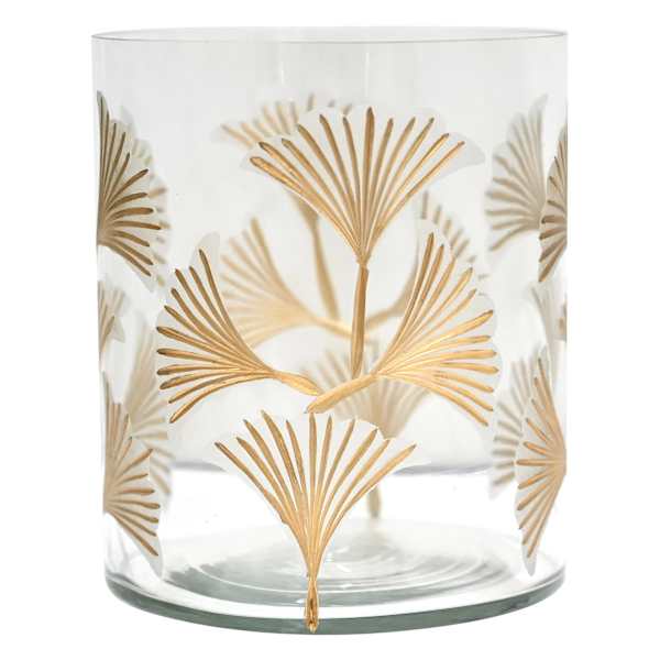 Found & Fable Etched Gingko Leaf Glass Hurricane Candle Holder, 7"