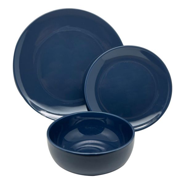 12-Piece Stoneware Dinnerware Set, Glossy Dark Blue