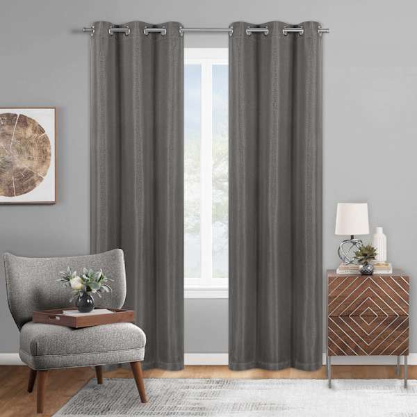 Honeybloom Cameron Platinum Grey Herringbone Blackout Curtain Panel, 84"