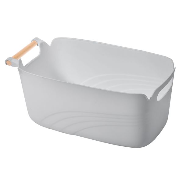 Grey Storage Bin with Wood Handle, Large