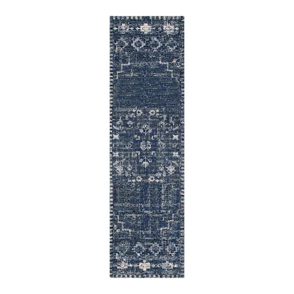 (B823) Teagan Navy Blue Floral Flatweave Runner, 2x7