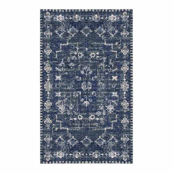 (B823) Teagan Navy Blue Floral Flatweave Accent Rug, 3x5