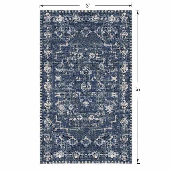 (B823) Teagan Navy Blue Floral Flatweave Accent Rug, 3x5