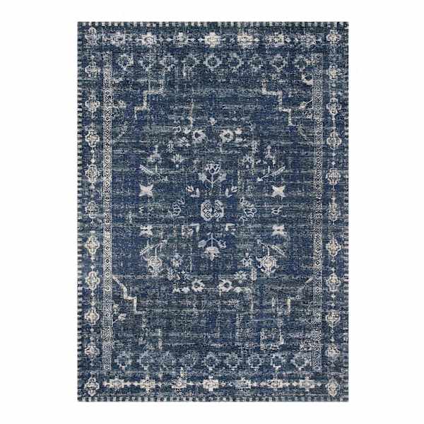 (B823) Teagan Navy Blue Floral Flatweave Area Rug, 5x7