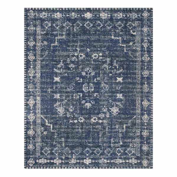 (B823) Teagan Navy Blue Floral Flatweave Area Rug, 8x10