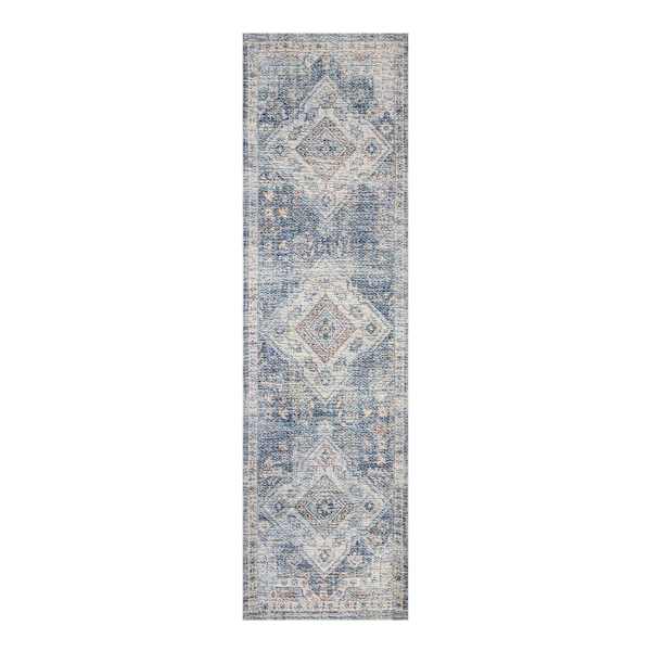 (B822) Whittington Blue Floral Medallion Runner, 2x7