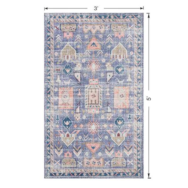 (B828) Blue Floral Medallion Washable Accent Rug, 3x5