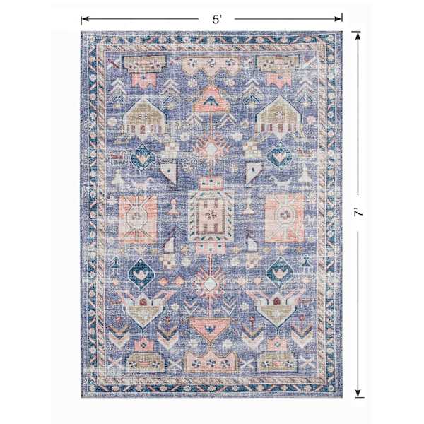 (B828) Blue Floral Medallion Washable Area Rug, 5x7