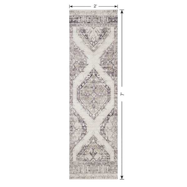 (B829) Grey & White Floral Washable Runner, 2x7