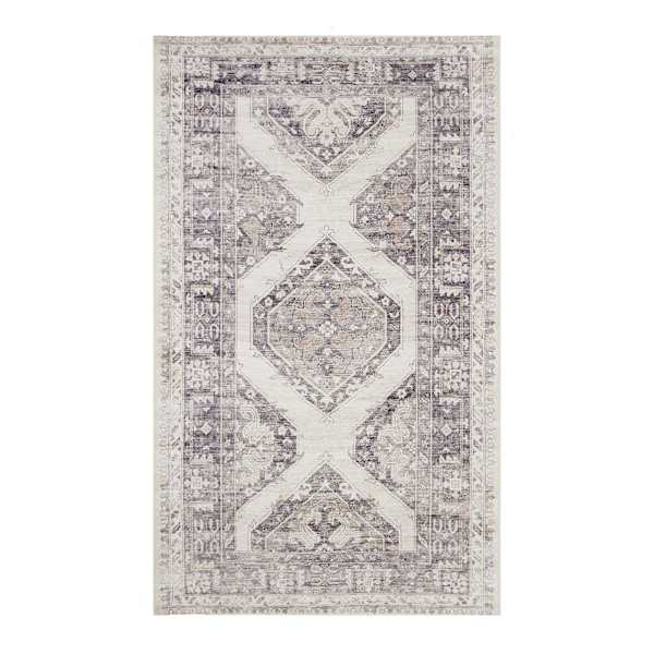 (B829) Grey & White Floral Washable Accent Rug, 3x5