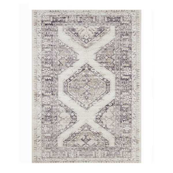 (B829) Grey & White Floral Washable Area Rug, 5x7