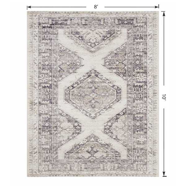 (B829) Grey & White Floral Washable Area Rug, 8x10