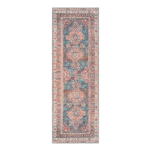 (B859) Colin Red & Blue Multi Medallion Washable Runner, 2x7