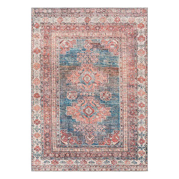 (B859) Colin Red & Blue Multi Medallion Washable Area Rug, 5x7