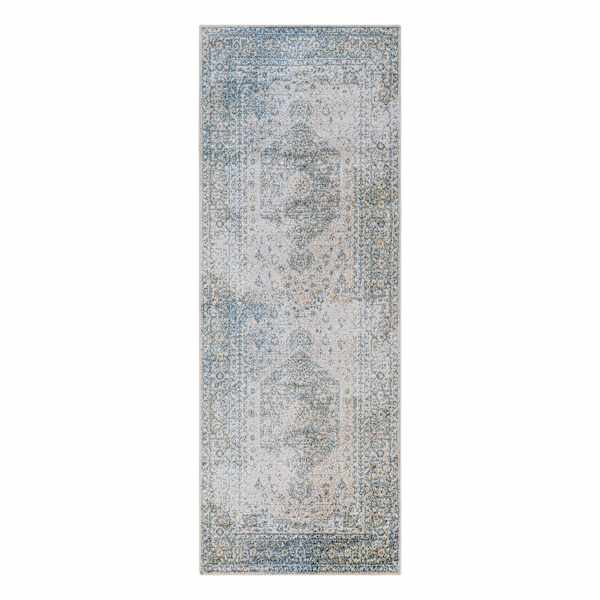 (D590) Lillian Blue Multi Medallion Washable Runner, 2x7