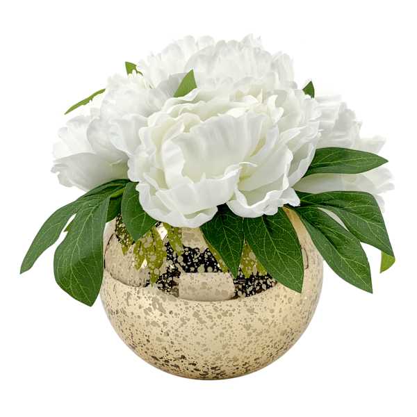 Providence White Peony in Gold Glass Planter, 8"