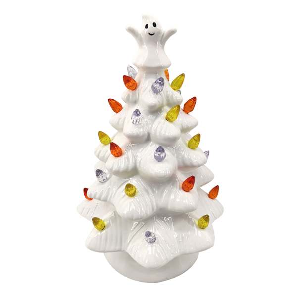 Happy Haunting White LED Halloween Ceramic Tree, 10"