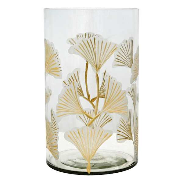Found & Fable Etched Ginkgo Leaf Glass Hurricane Candle Holder, 10"