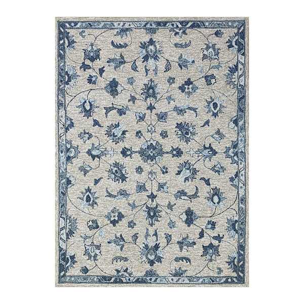 (A502) Providence Tacoma Blue Floral Hooked Area Rug, 5x7