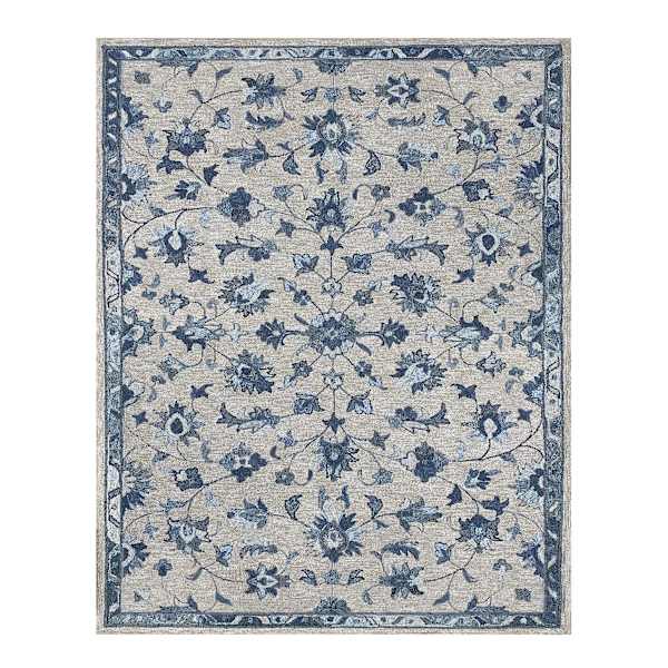(A502) Providence Tacoma Blue Floral Hooked Area Rug, 8x10