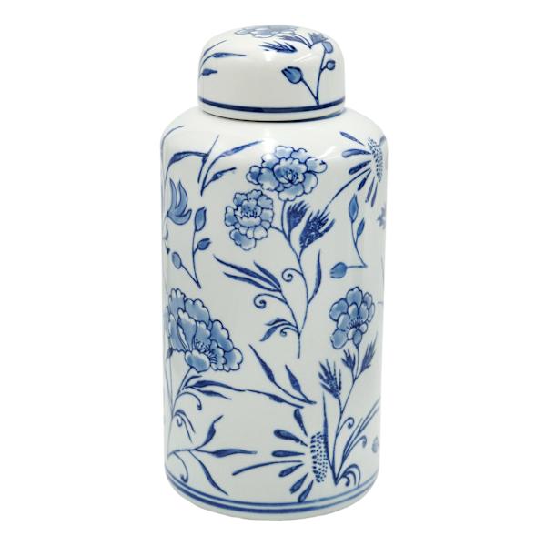 Blue & White Floral Ceramic Jar with Lid, 11"