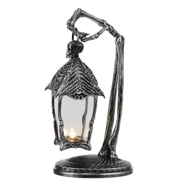 Southern Gothic Black with Silver Finish Halloween Skeleton Lantern, 16.5"