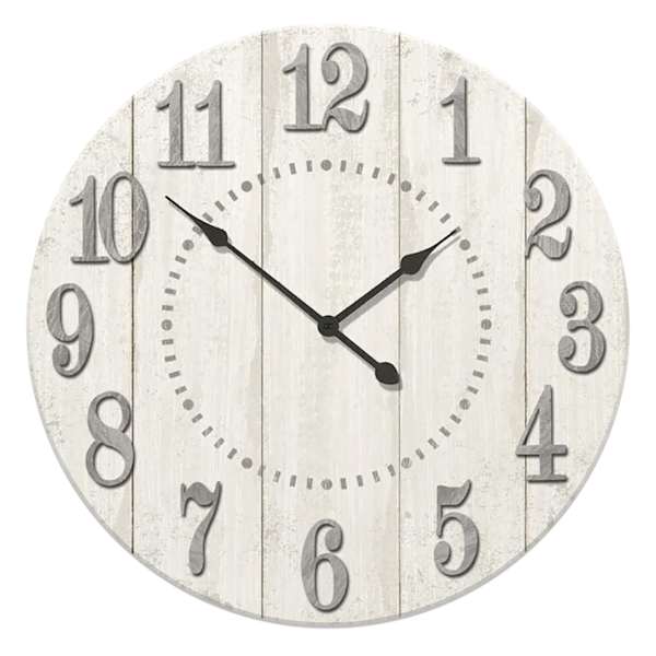 Whitewash Plank Round Wall Clock with Raised Numbers, 14.5"