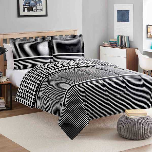 Glambition 3-Piece Black & White Heart Striped Print Essential Comforter Set, Full/Queen