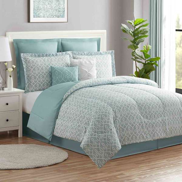 8-Piece Jenna Aqua Lattice Essential Comforter Set, Full
