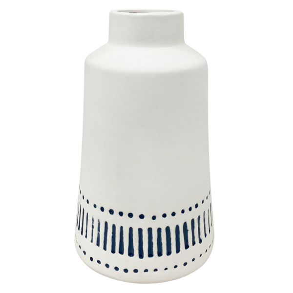 Honeybloom White with Blue Design Ceramic Vase, 8"