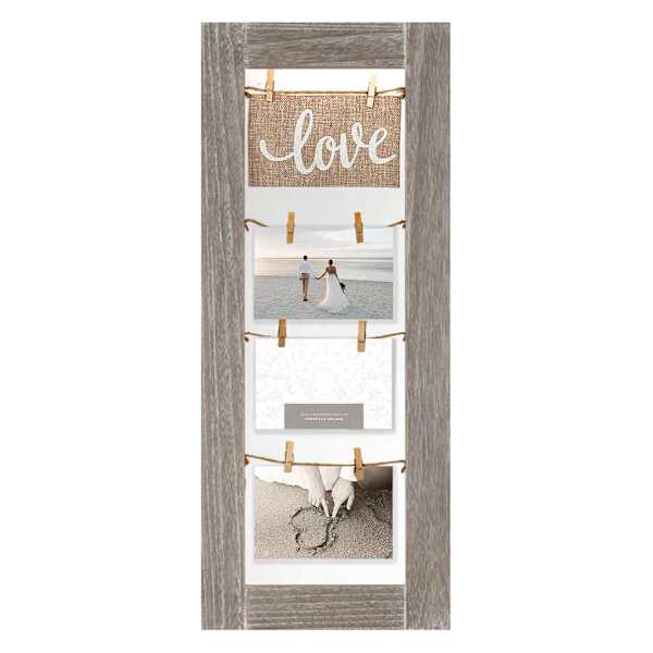 3-Opening Greywash Clothespin String Collage with Burlap Love Banner, 11x26
